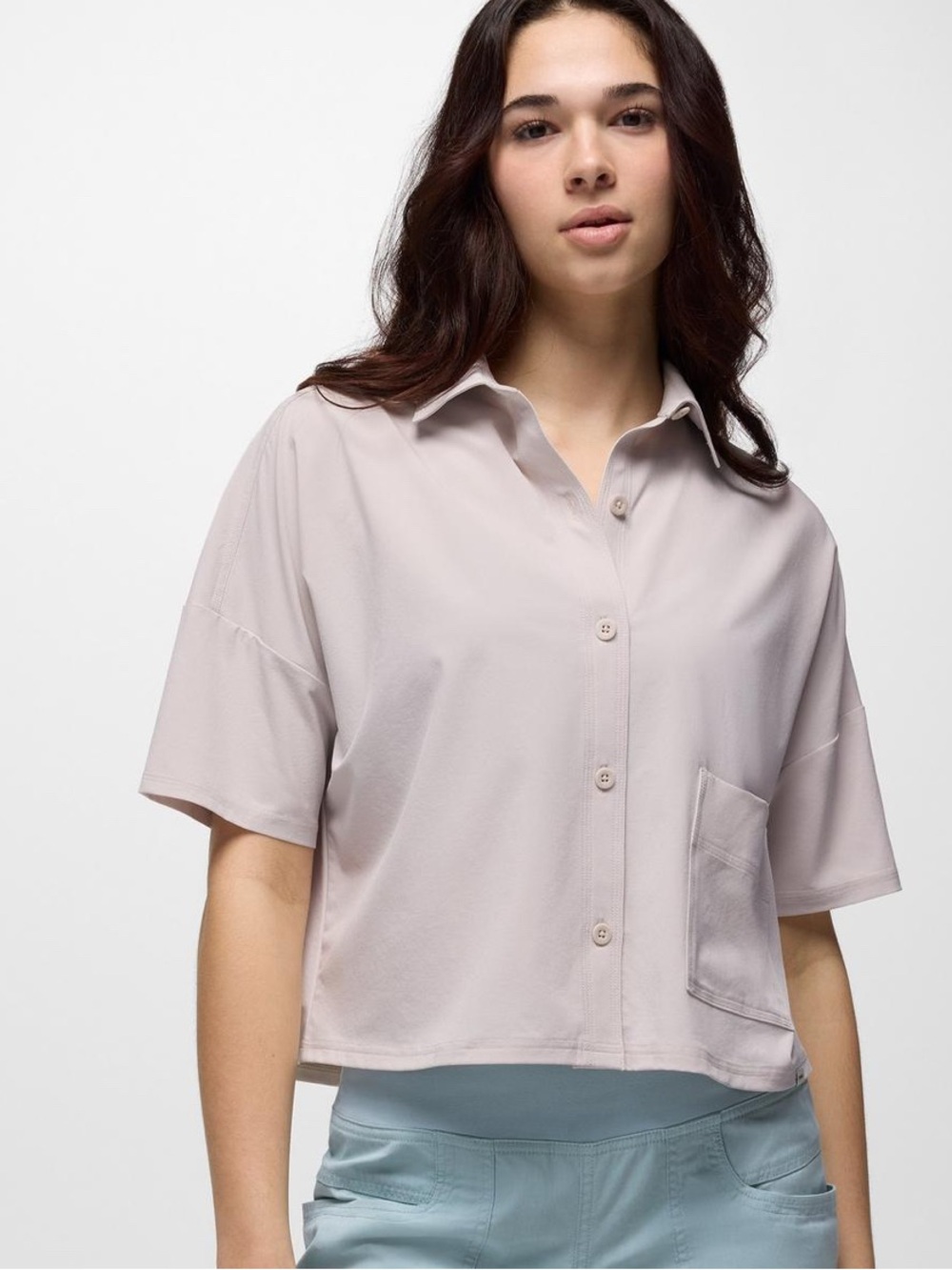prAna Railay Short Sleeve Button Down in Almond Size Large